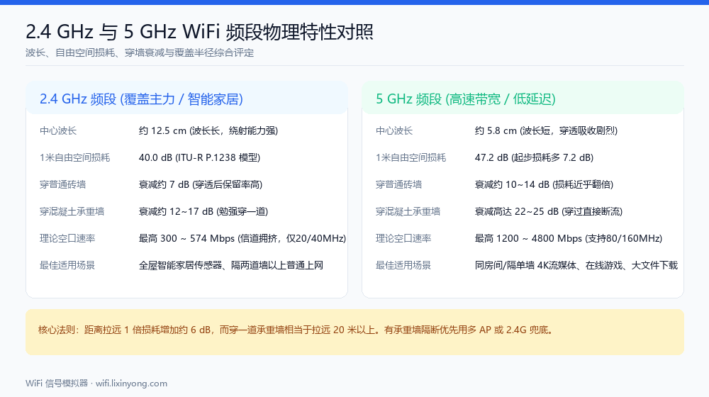 2.4GHz vs 5GHz WiFi band comparison of wavelength, wall loss, and coverage